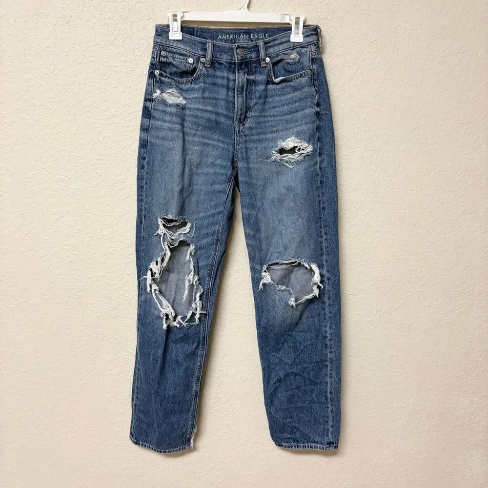 American Eagle Denim Blue Jeans Super High Rise Baggy Straight Size 0R Distress